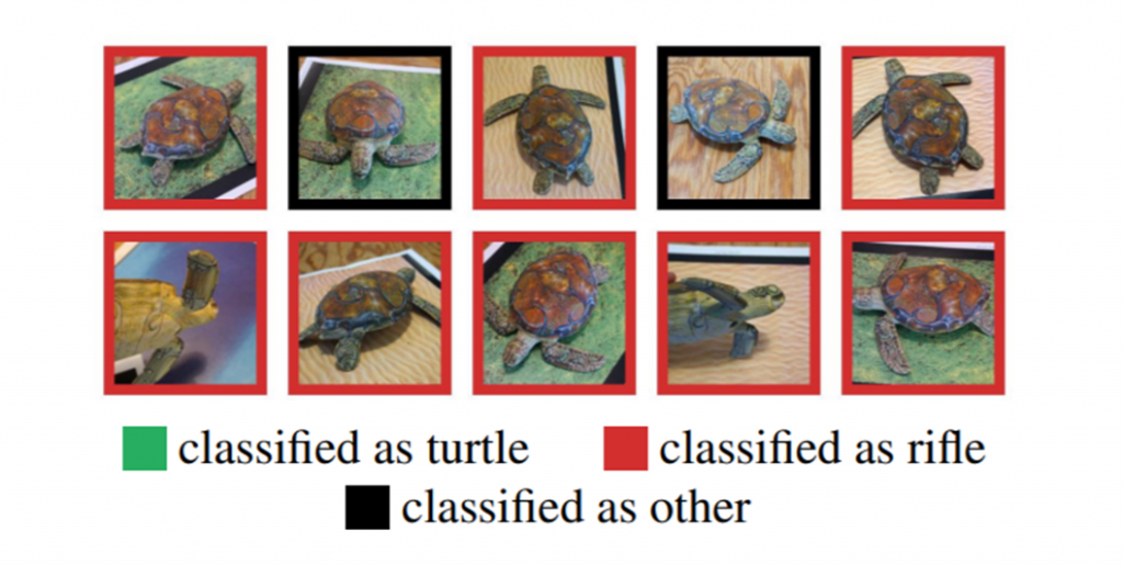 Kymmenen valokuvaa kilpikonnista, jotka on värikoodattu sen mukaan, onko ne luokiteltu kilpikonniksi vai ei. Tekoälyn mielestä nolla kuvista on kilpikonnia.