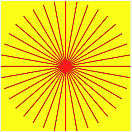 36 viivasta koostuva tähti keltaisella pohjalla. Ohjelmoinnin matematiikan ja taiteen yhdistäminen.