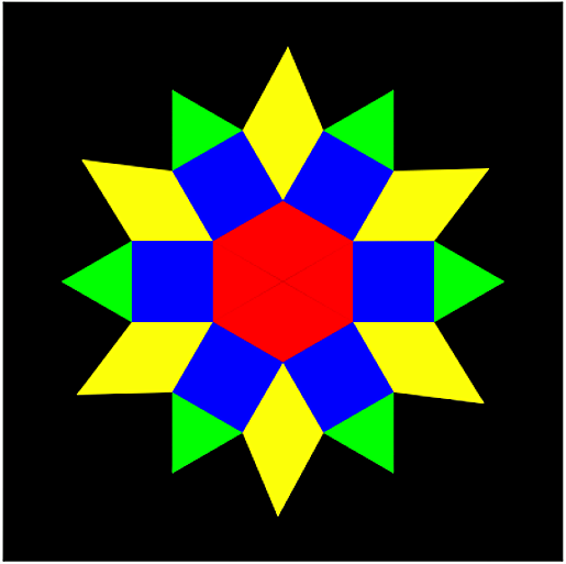 Perusmuodoista koostuva säteittäisymmetrinen kuvio. Ohjelmoinnin matematiikan ja taiteen yhdistäminen