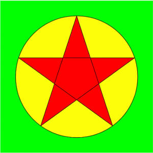 punainen pentagrammikuvio keltaisessa ympyrässä vihreällä taustalla