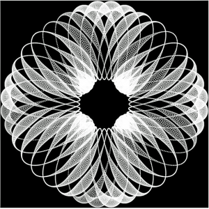 Ruusukuviolta näyttävä pienistä ympyröistä koostuva valkoinen kuvio mustalla pohjalla.
