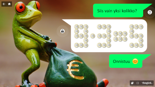 Screenshot pakopelistä, sammakkohahmo raahaa rahasäkkiä sekä kertolasku