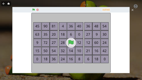 Screenshot pakopelistä, Scratchilla toteutettu numeroruudukko