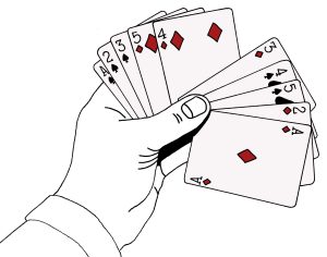 kädessä kymmenen korttia, viidessä ensimmäisessä numero 1-5, viidessä seuraavassa myös numerot 1-5