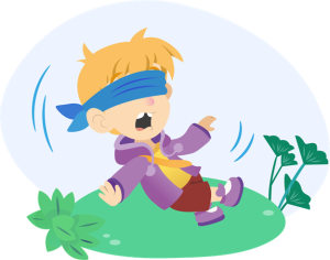 piirroskuva lapsesta, joka kaatuu nurmikolle side silmillään