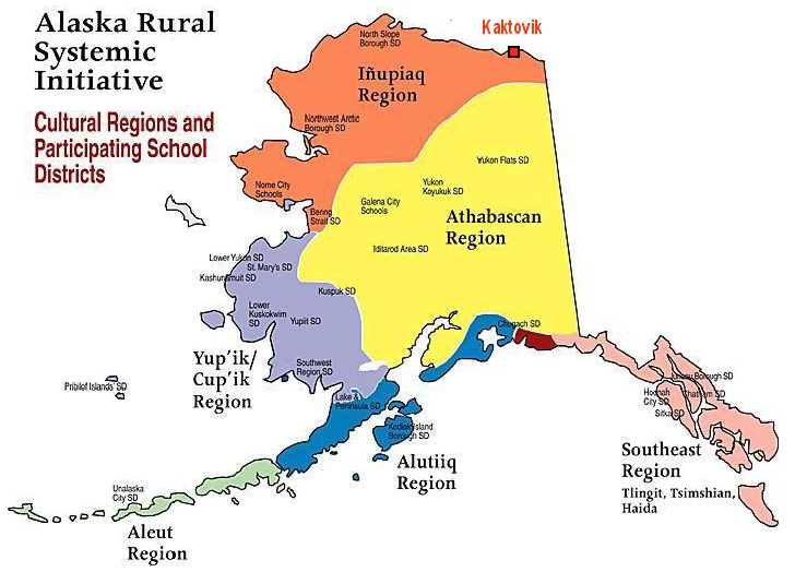 Alaskan kartta, josta selviää kielten levinneisyys ja Kaktovikin sjainti pohjoisrannikolla