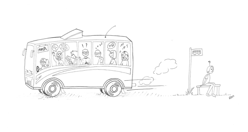 piirroskuva maol-bussista, jossa erilailla osallistuvia tyyppejä kyydissä, ja pysäkillä yksi liittymistä liittyvä