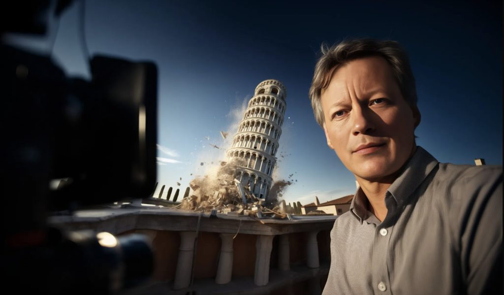 Tietokoneella piirretyn näköisessa kuvassa romahtava Pisan torni ja etualalla Petri Malmelinen näköinen hahmo melko ilmeettömänä