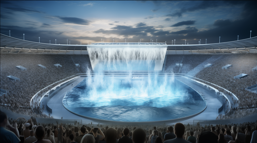 Tietokoneella piirretyn näköinen kuva ihmisiä täynnä olevasta stadionista, jonne sataa vesiputouksen kaltaisesti vettä keskelle
