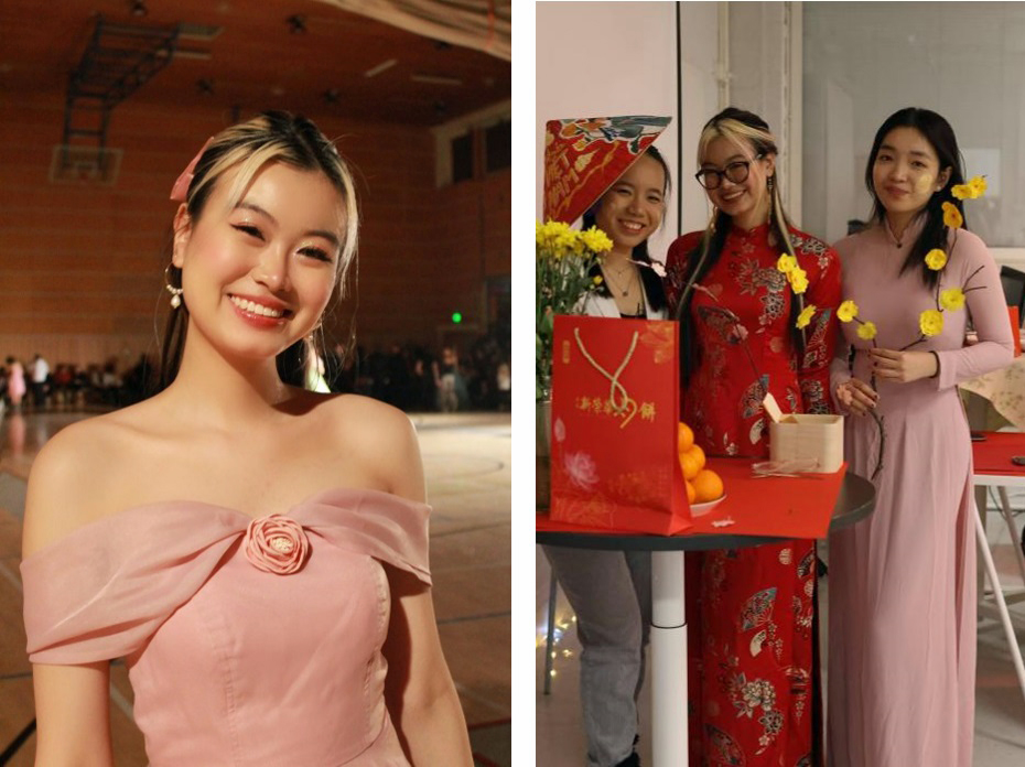 Julia hymyilee kameralle vaaleanpunaisessa iltapuvussa, toisessa kuvassa Julia ja toinen henkilö vietnamilaisissa puvuissa, sekä kolmas henkilö farkuissa