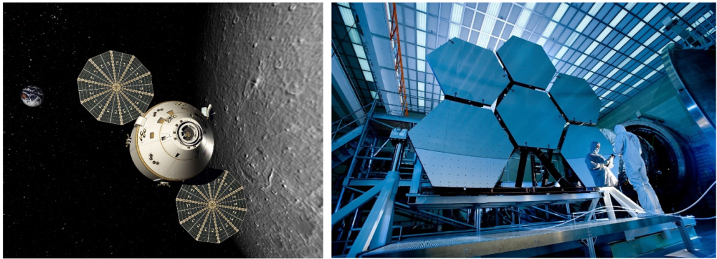 havaiunnekuva aurinkopurjeesta käytössä, valokuva James Webb -teleskoopin peileistä rakenteilla. origameja avaruudessa.