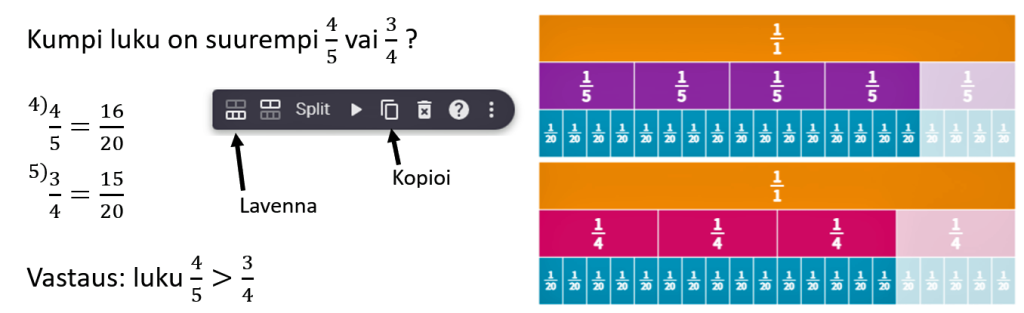 ruudunkaappaus polypad-ohjelmasta, joka sopii murtolukujen ja niiden välisten laskutoimitusten visualisointiin.