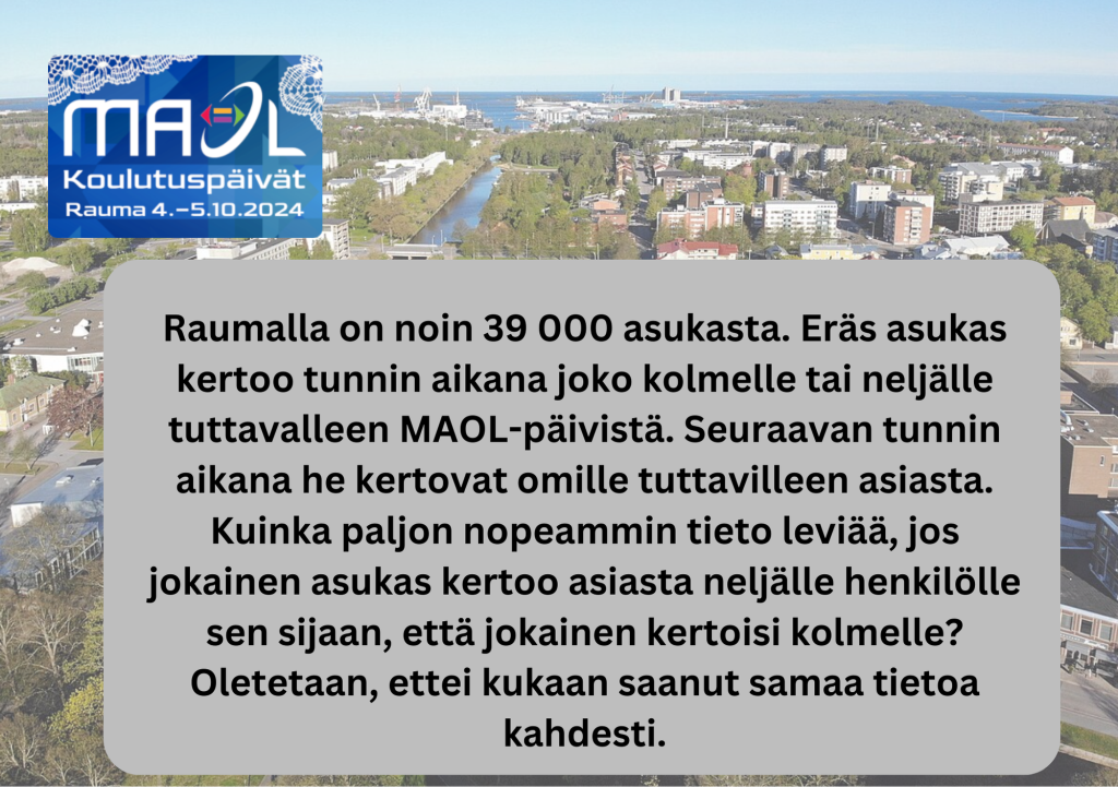 kuvassa tehtävä: 1.	Raumalla on noin 39 000 asukasta. Eräs asukas kertoo tunnin aikana joko kolmelle tai neljälle tuttavalleen MAOL-päivistä. Seuraavan tunnin aikana he kertovat omille tuttavilleen asiasta.
Kuinka paljon nopeammin tieto leviää, jos jokainen asukas kertoo asiasta neljälle henkilölle sen sijaan, että jokainen kertoisi kolmelle?
Oletetaan, ettei kukaan saanut samaa tietoa kahdesti.